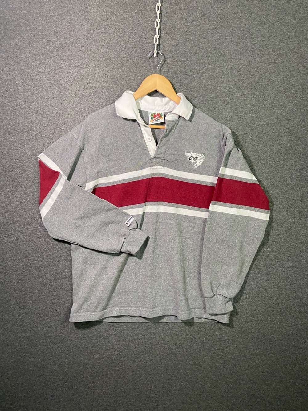 Vintage Barbarian Rugby Wear Shirt Mens L Grey Maroon White Stripe Made in Canad
